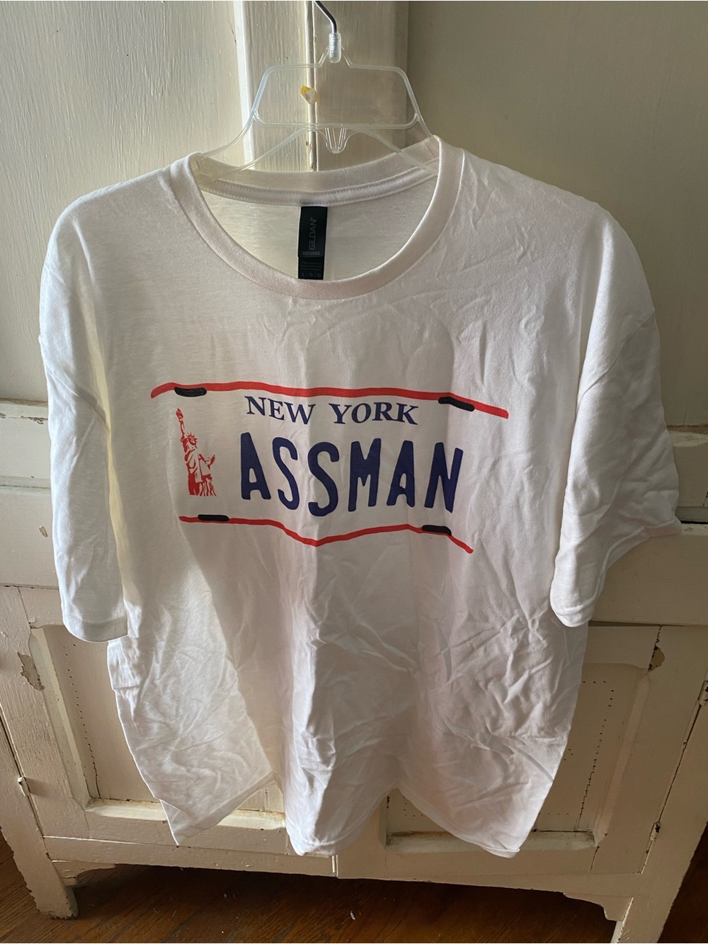 Gildan White Short-Sleeve Tee with Red and Blue New York Graphic